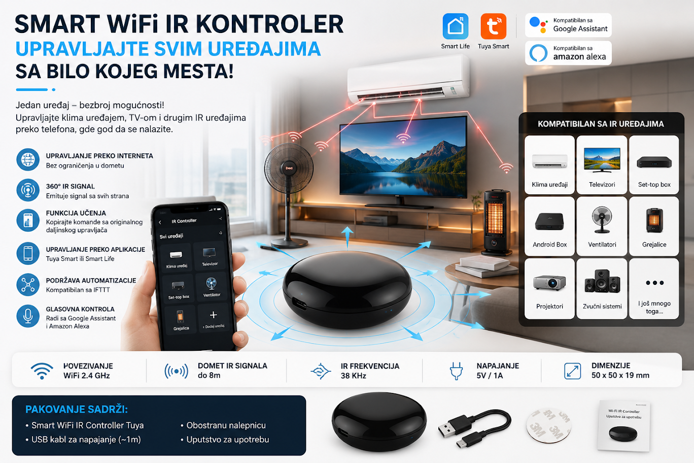 SMART WiFi IR Daljinski Kontroler – Upravljajte kućnim uređajima sa bilo kog mesta!
